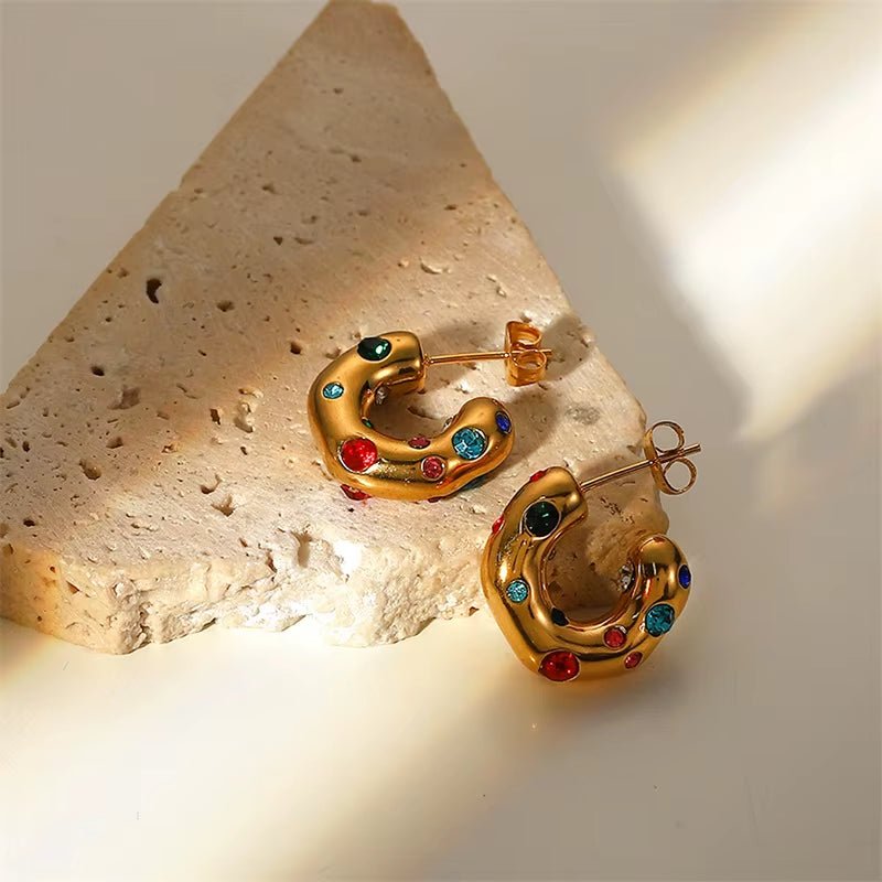 Gold Multi-Coloured Gem Hoop Earrings