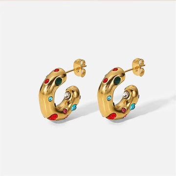 Gold Multi-Coloured Gem Hoop Earrings