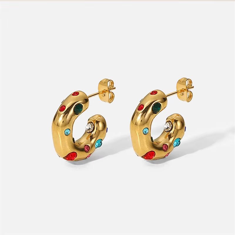 Gold Multi-Coloured Gem Hoop Earrings