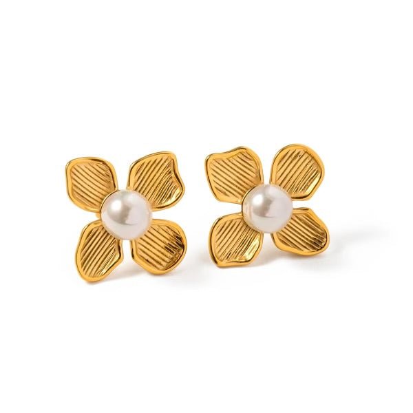 Gold Pearl Flower Stud Earrings - ILLUSIVE JEWELS