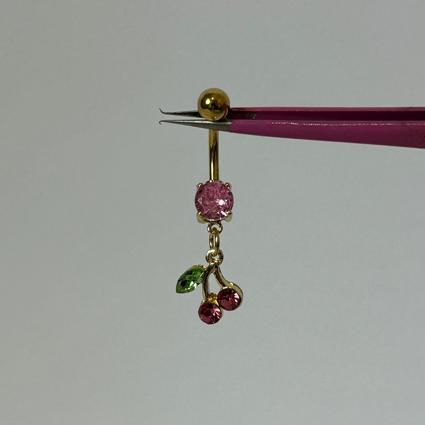 Gold Pink Dangling Cherry Belly Bar - ILLUSIVE JEWELS