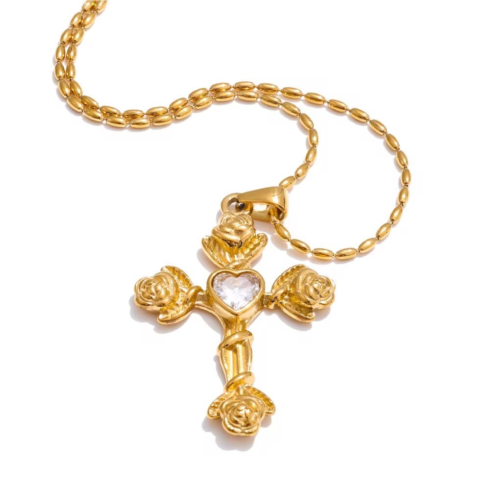 Gold Rose Cross Necklace - ILLUSIVE JEWELS