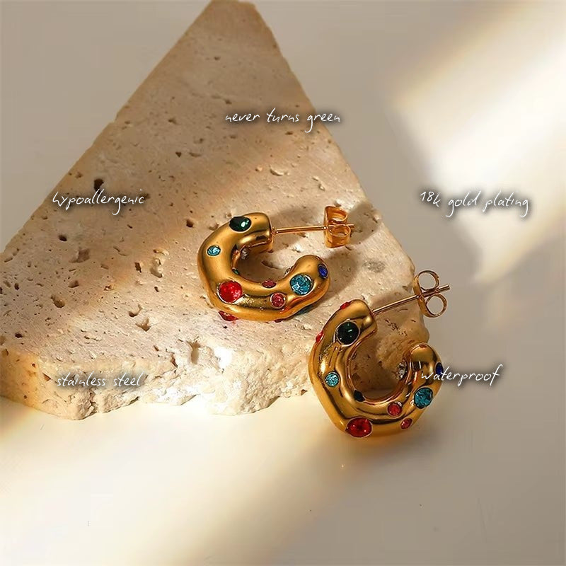 Gold Multi-Coloured Gem Hoop Earrings — features