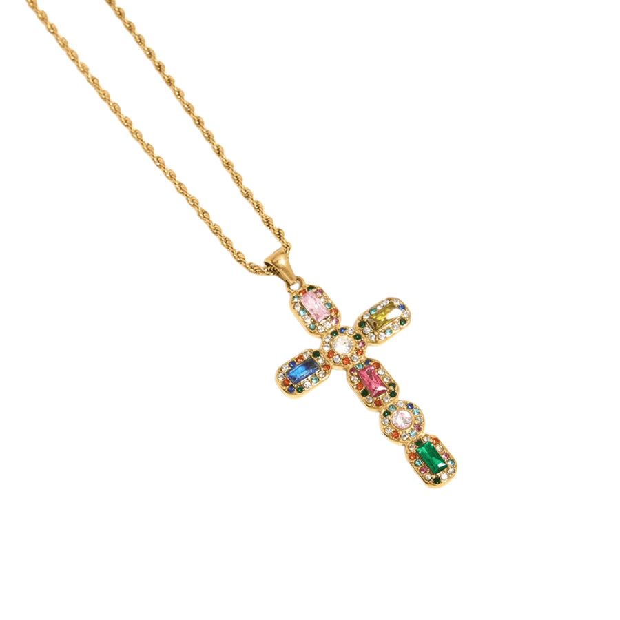 Rainbow Cross Gold Necklace