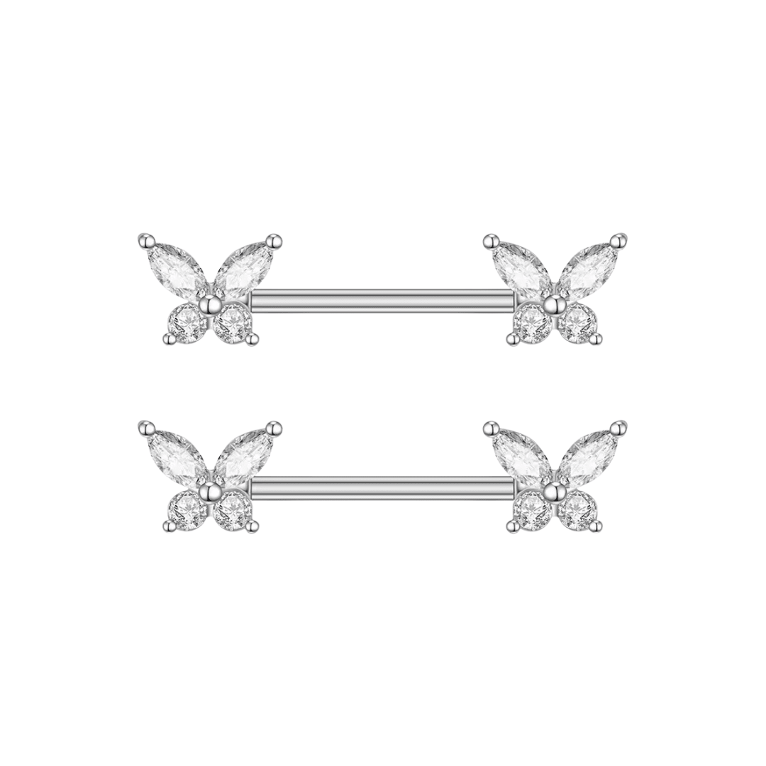 Silver Diamante Butterfly Nipple Bars - ILLUSIVE JEWELS